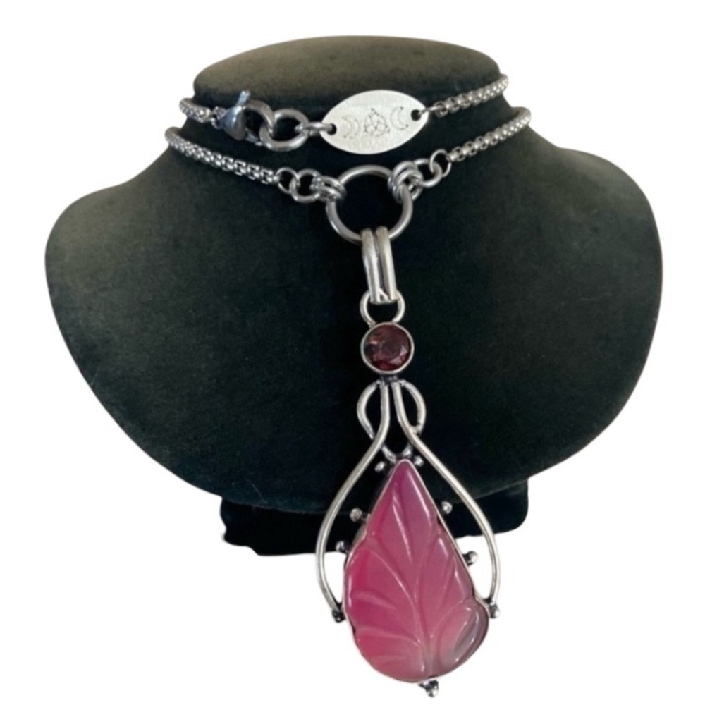 Genuine pink topaz & pink carved agate in leaf shape gemstone chain necklace - Picture 2 of 13